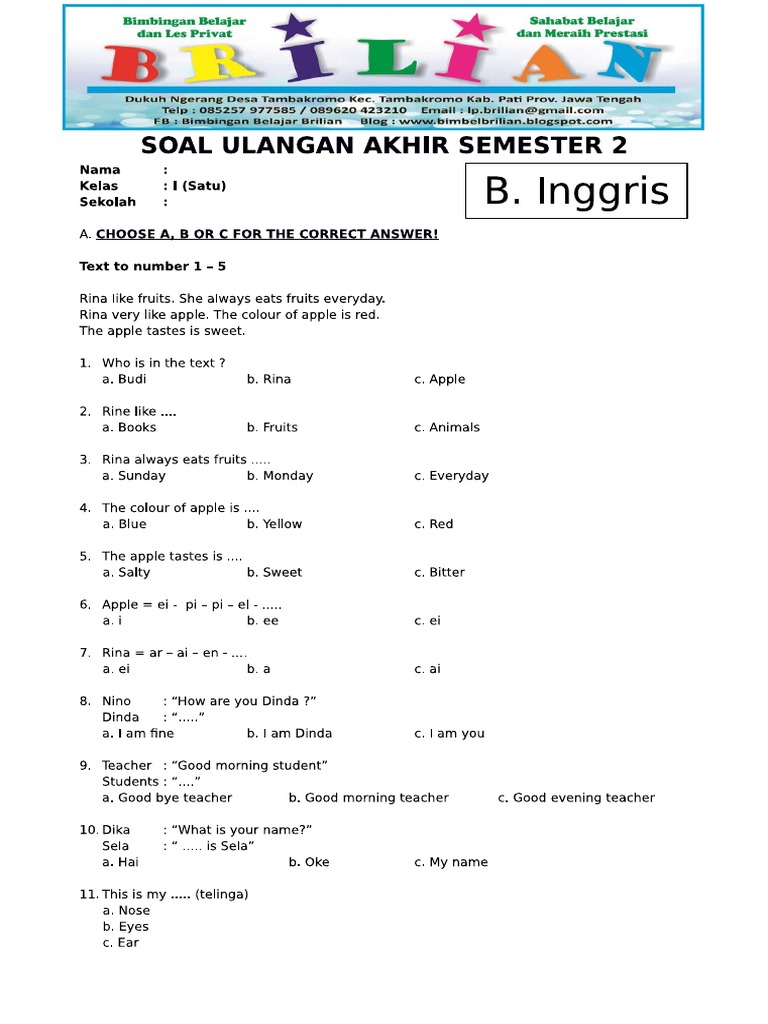 Soal Uas Bahasa Inggris Kelas 2 Semester 1 Dalchaebi Soal Uas Bahasa Inggris Kelas 2 Semester 1 Dalchaebi