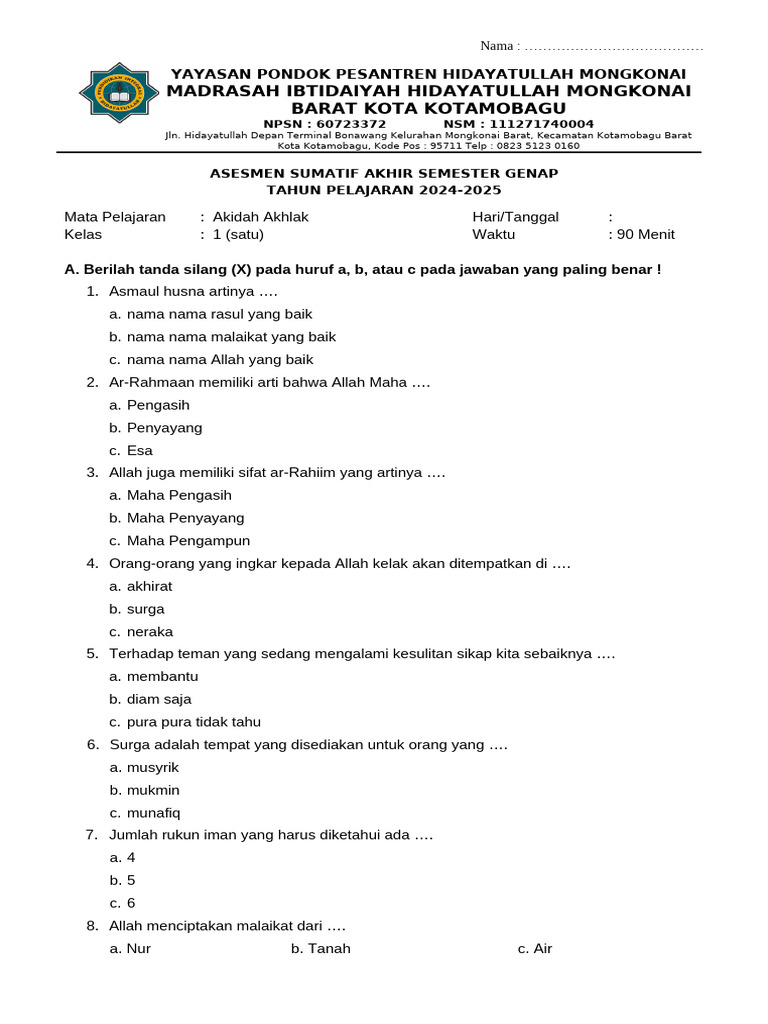 Asesmen Akidah Akhlak Kelas 1 2024-2025 PDF