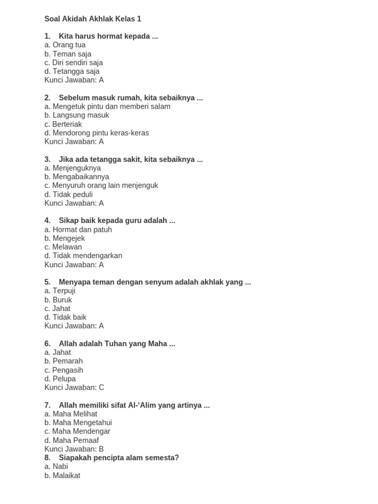 Bocoran 15 Soal Aqidah Akhlak Kelas 1 Semester 1 dan Kunci Jawaban yang Wajib Diketahui