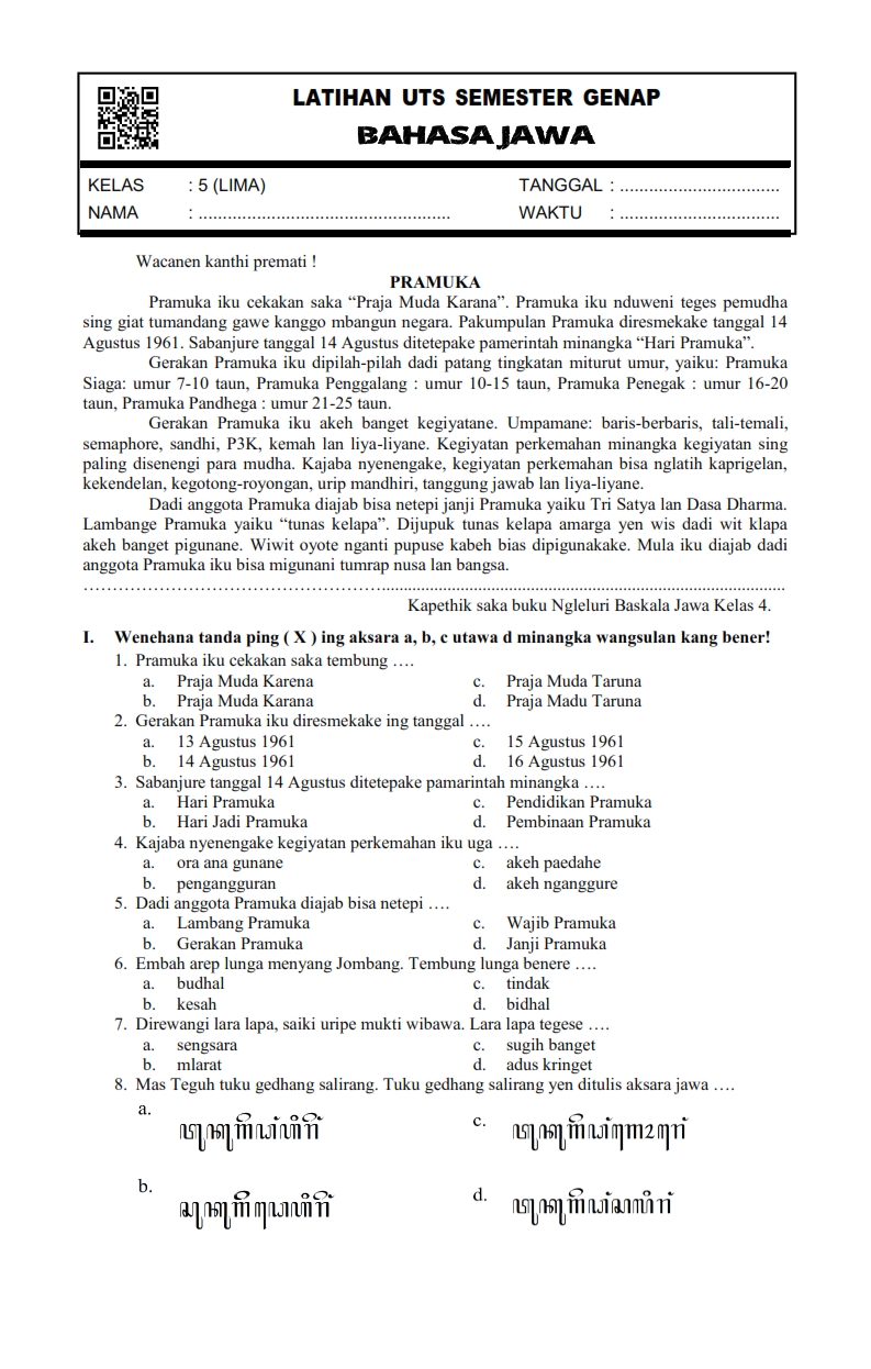 Soal Bahasa Jawa Kelas 3 Semester 1 Dalchaebi
